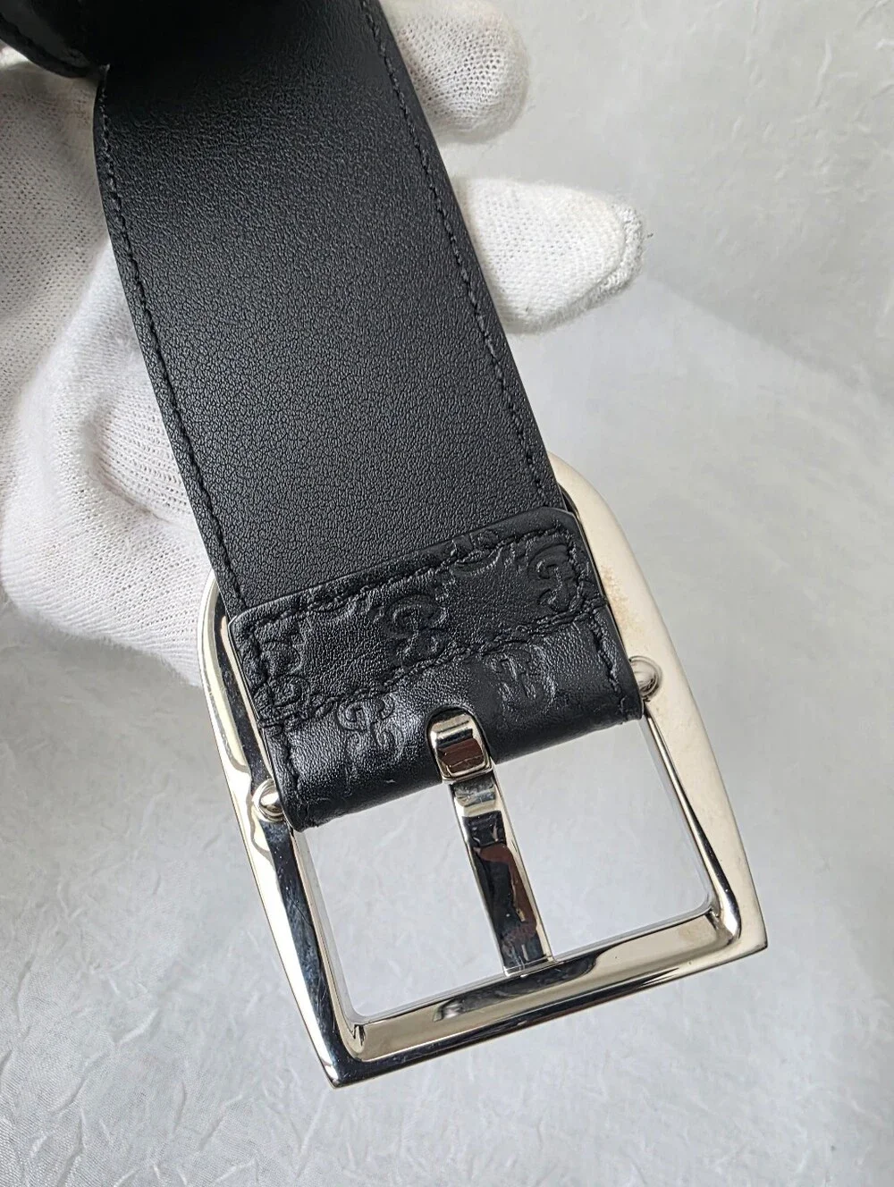 Auth Gucci Guccissima Men Black Leather Belt with Silver Buckle